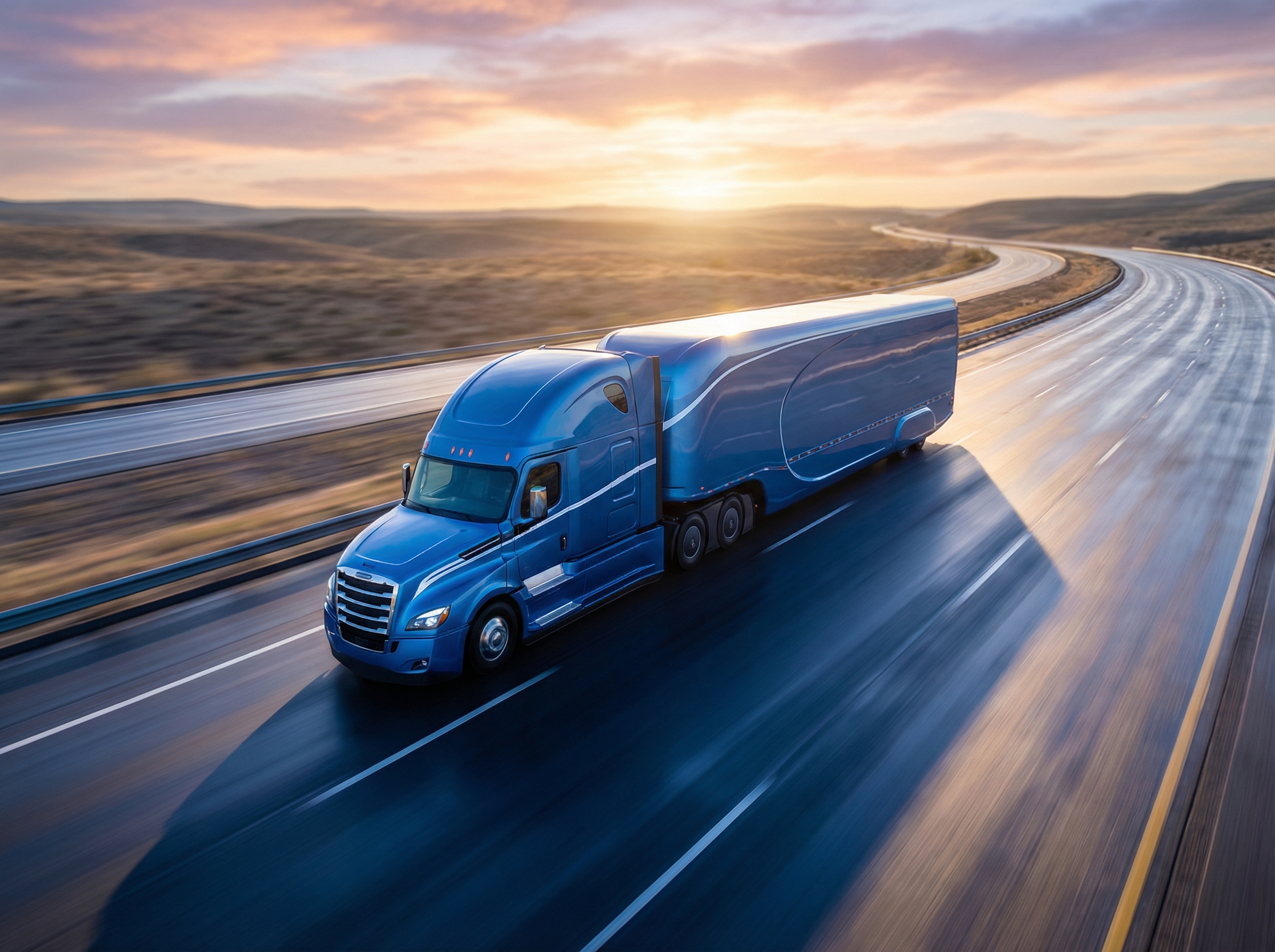 Modern semi-truck driving on an open highway at golden hour