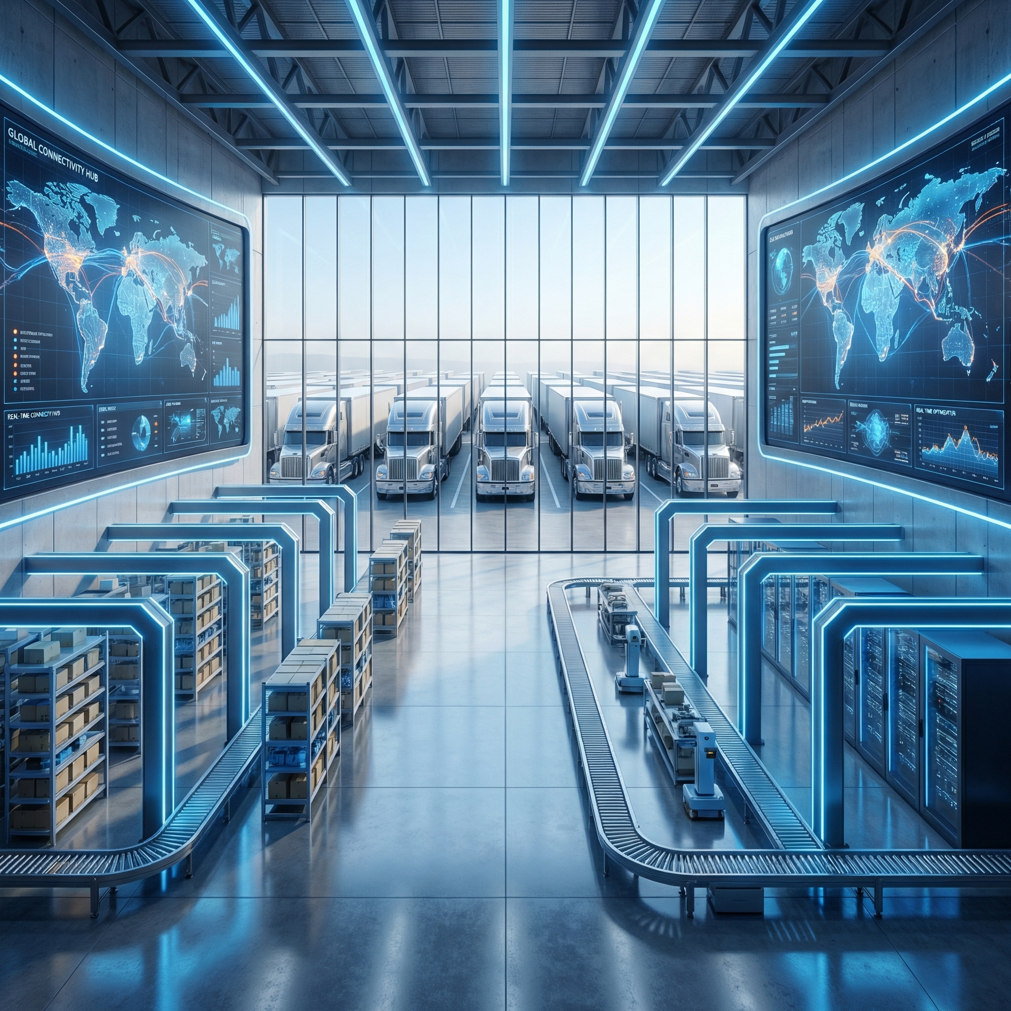 Modern logistics operations center with fleet tracking displays