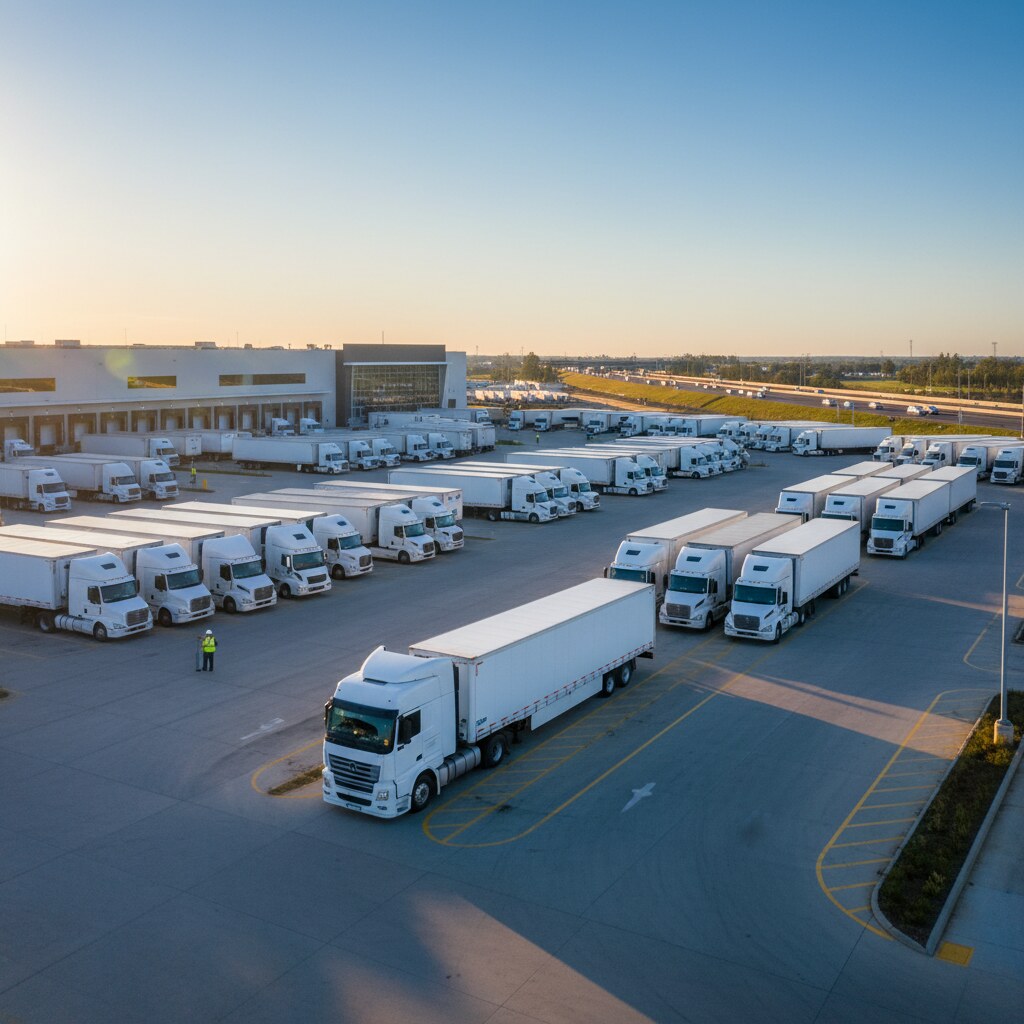 Aerial view of a modern freight distribution hub at golden hour